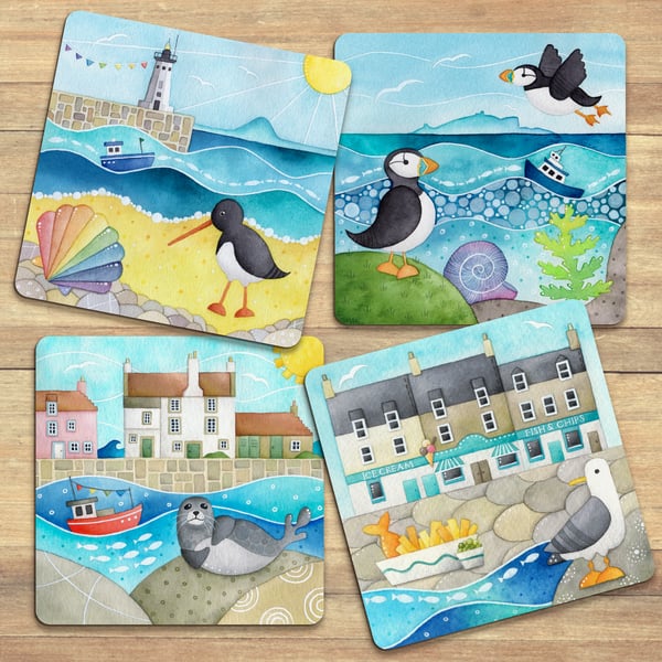 Placemats (Set of 4) Seaside Coastal Watercolour Art - Puffin, Seagull, Seal