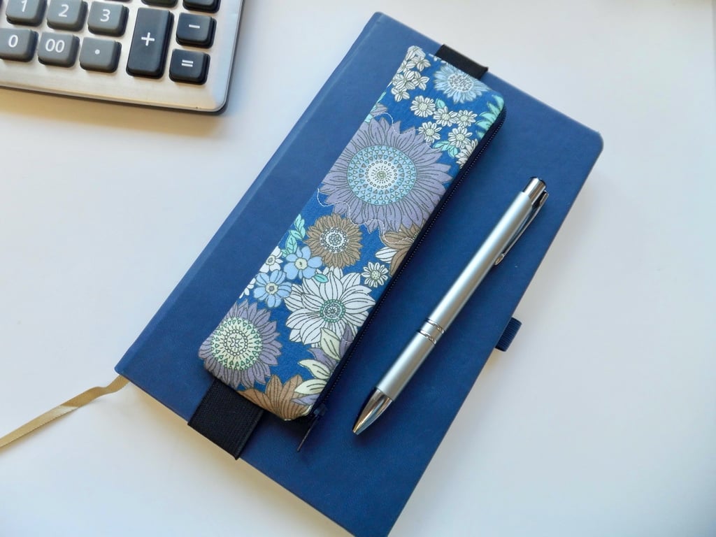 Pencil case for cover of book diary journal blue floral fabric