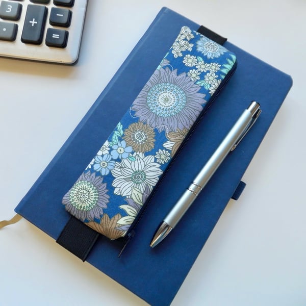 Pencil case for cover of book diary journal blue floral fabric