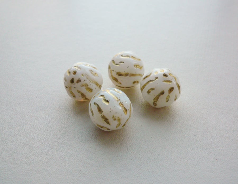 4  White and Gold Glass Textured Beads
