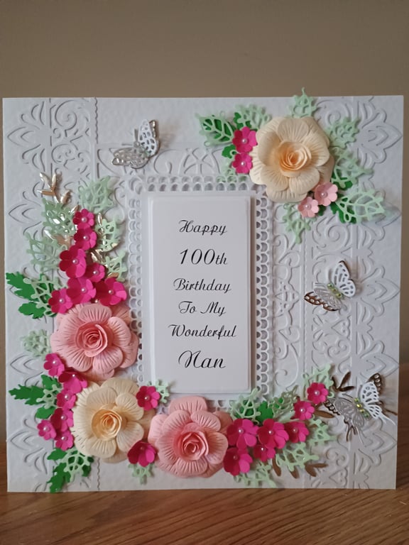 Handmade Personalised Birthday Card  8" square with 3d Flowers 