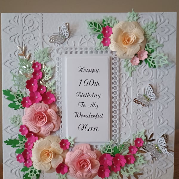 Handmade Personalised Birthday Card  8" square with 3d Flowers 