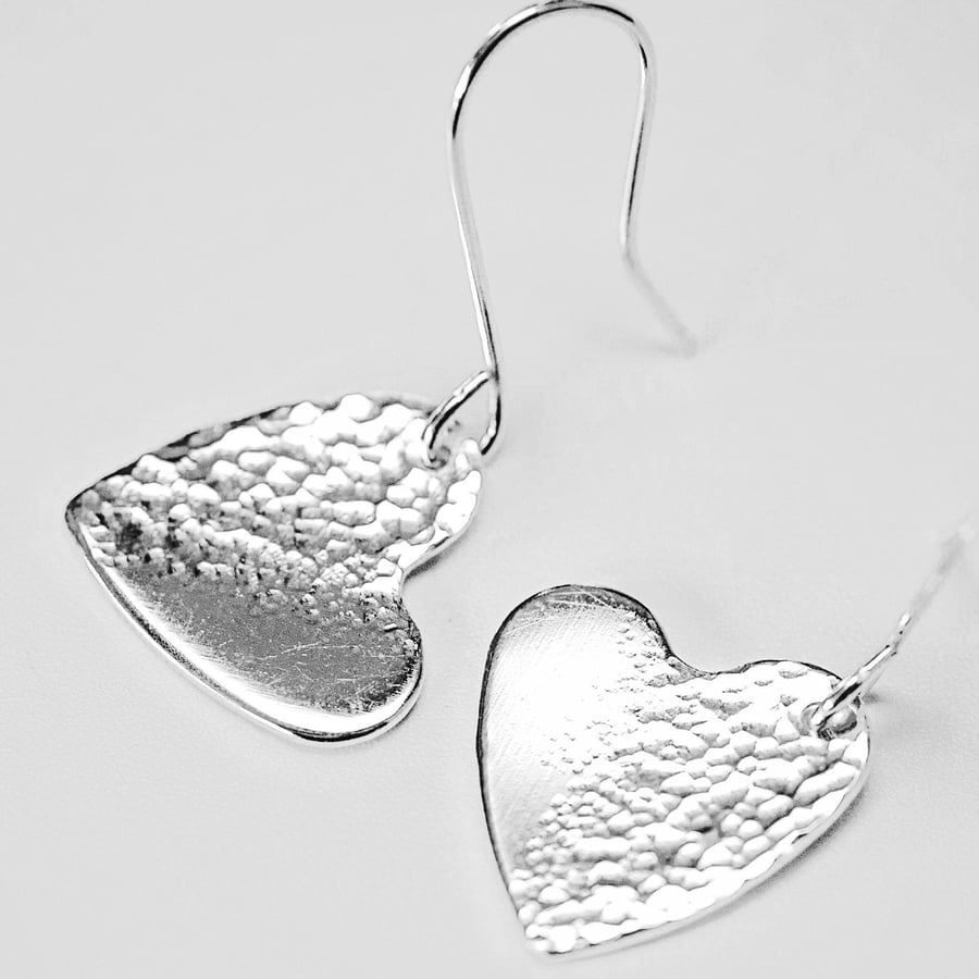 Sterling silver half hammered heart earrings