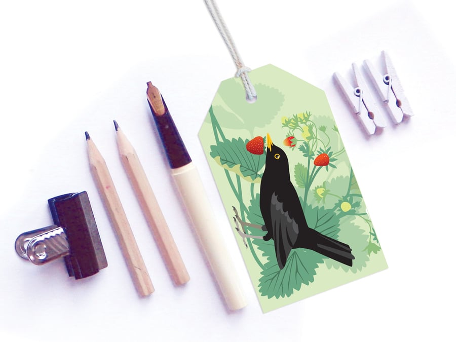 Blackbird and Strawberries Gift Tags - British Birds, pack of six tags