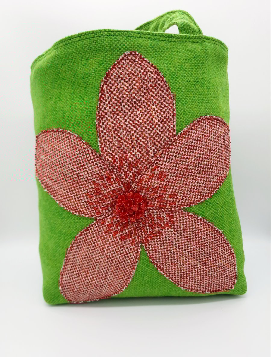 Green tweed, red beaded flower handbag with pockets.  