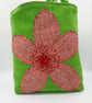 Green tweed, red beaded flower handbag with pockets.  