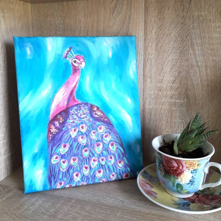 Pink and Purple Peacock Original painting.   