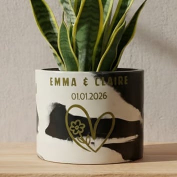 Personalised Black and White Plant Pot with Floral Heart - Gold or Silver Vinyl