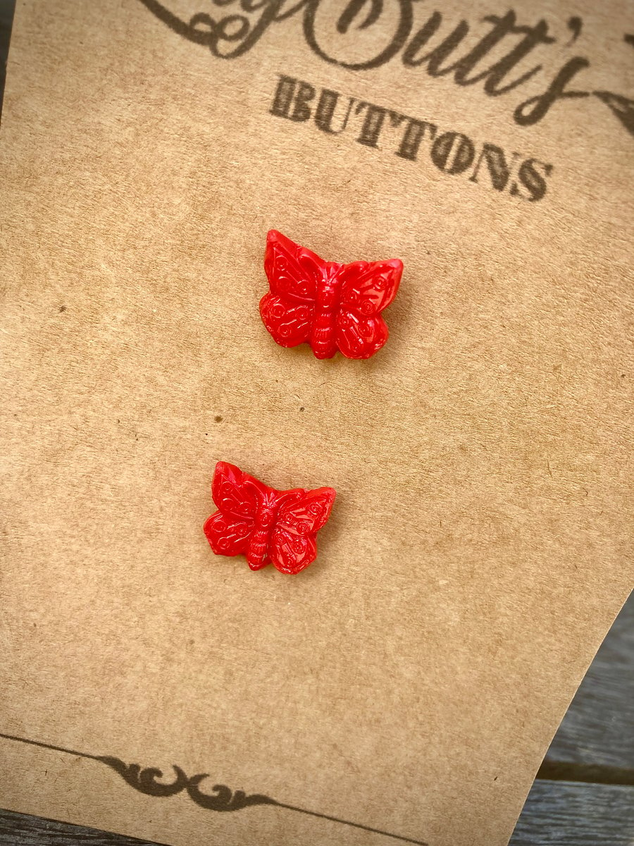 2 Vintage Red Glass Butterfly Buttons