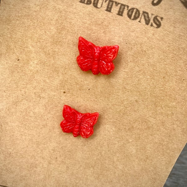 2 Vintage Red Glass Butterfly Buttons