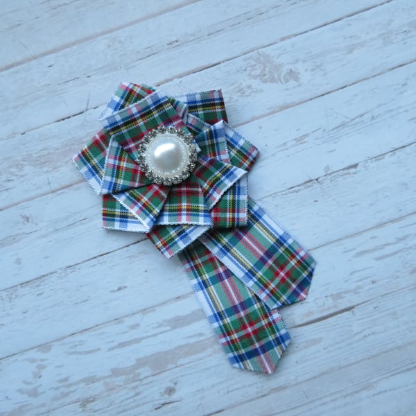 Dress Stewart Tartan Ruffle Rosette Pearl & Diamante Brooch Pin 