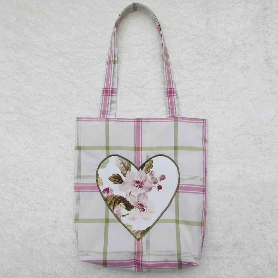 Pastel Checked Shabby Chic Appliqued heart tote bag