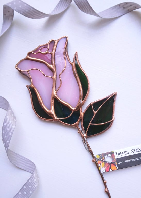 Stained Glass Pink Rosebud - handmade in Hampshire