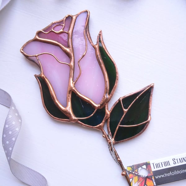Stained Glass Pink Rosebud - handmade in Hampshire