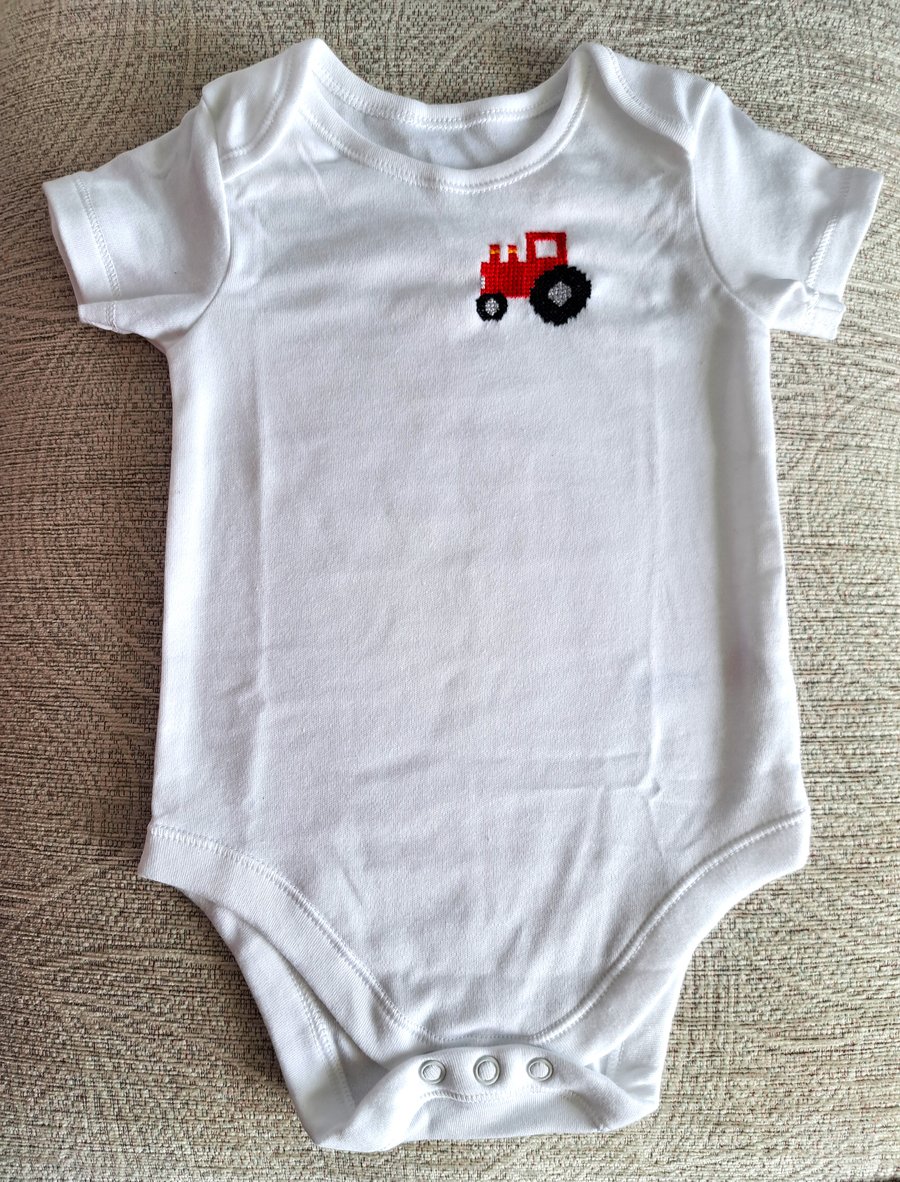 Baby vest, red tractor, hand embroidered, age 9-12 months