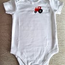 Baby vest, red tractor, hand embroidered, age 9-12 months