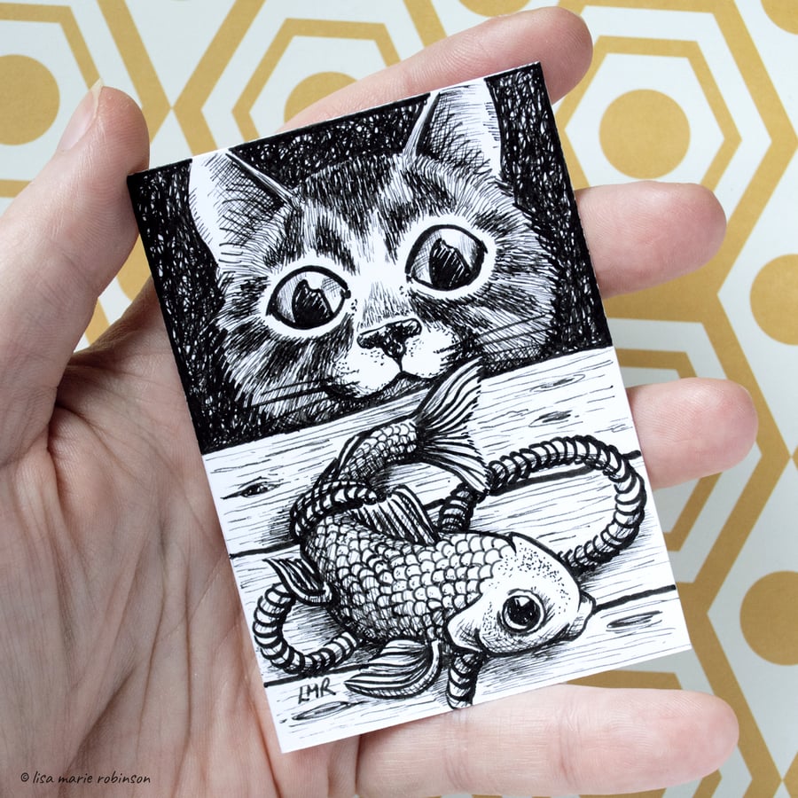 Curious Cat and Fish ACEO - Inktober 2019 - Day 3 - Ink Drawing Pen Art