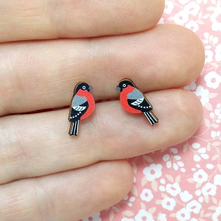 Bullfinch Earrings, Wooden Bird Studs, Silver Plated or Sterling Silver Backs