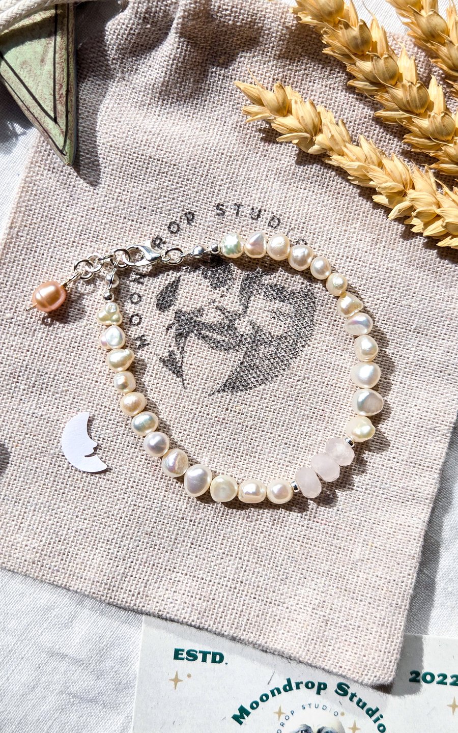 Rose Quartz Gemstone Bracelet - Freshwater Pearl Bracelet - Sterling Silver