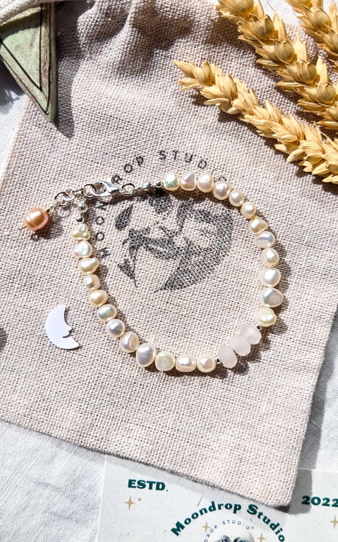 Rose Quartz Gemstone Bracelet - Freshwater Pearl Bracelet - Sterling Silver
