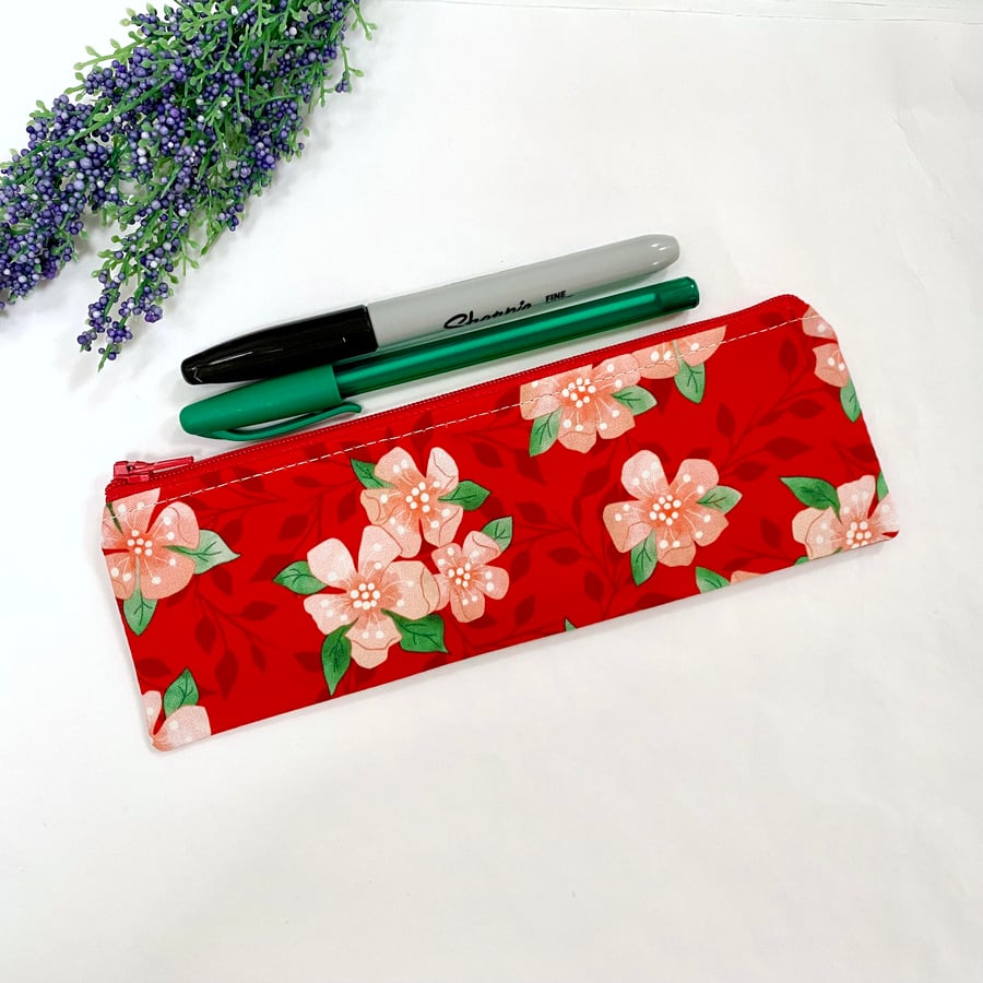 Slim Flat Pencil Case Spring Blossom Floral Fabric Lined with Zip 