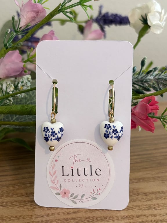 Blue and White Ceramic Hoop Earrings, Floral Hearts, Handmade Jewellery