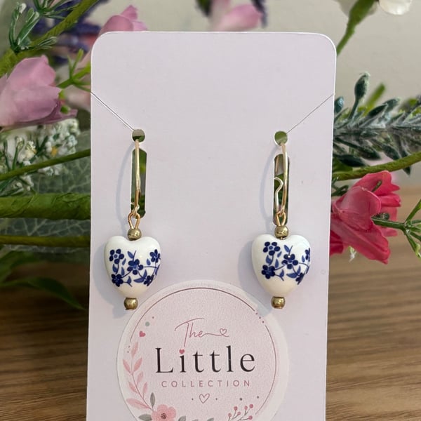Blue and White Ceramic Hoop Earrings, Floral Hearts, Handmade Jewellery