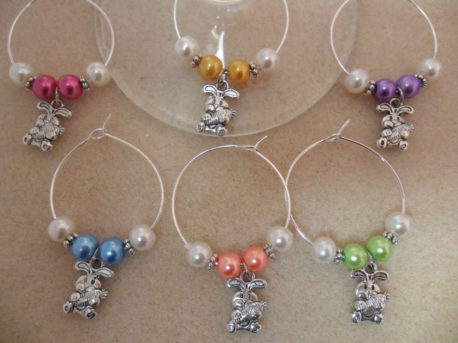 Easter Wine Glass Charms Set of 6 3D Easter Bunny with Carrot
