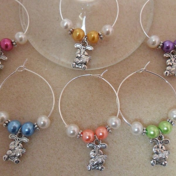 Easter Wine Glass Charms Set of 6 3D Easter Bunny with Carrot