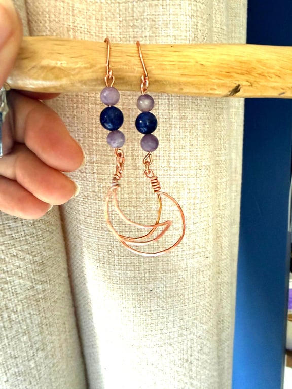 Copper moon earrings with Lapis Lazuli & Lepidolite