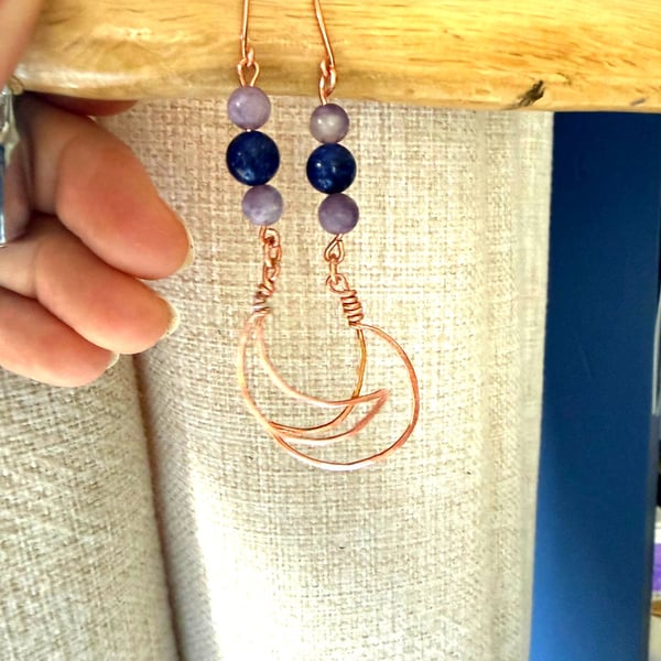 Copper moon earrings with Lapis Lazuli & Lepidolite