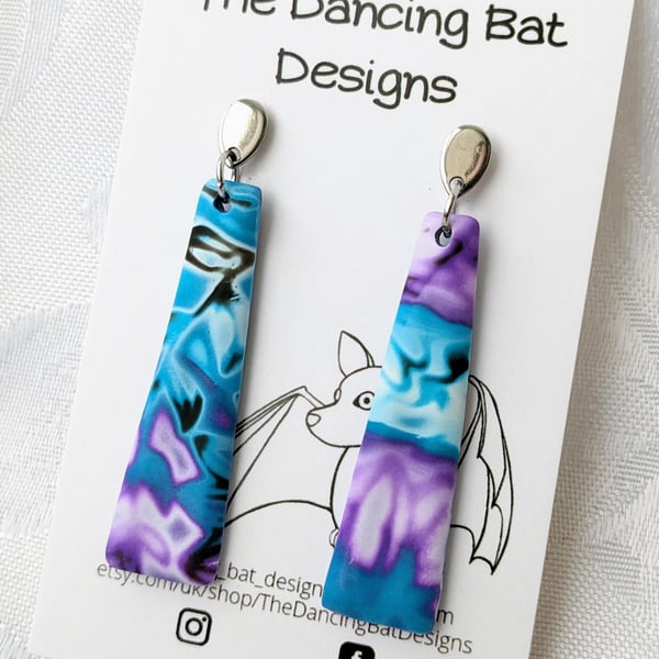 Long Thin Rectangular Shape Drop Earrings in Purple and Blue, Polymer Clay