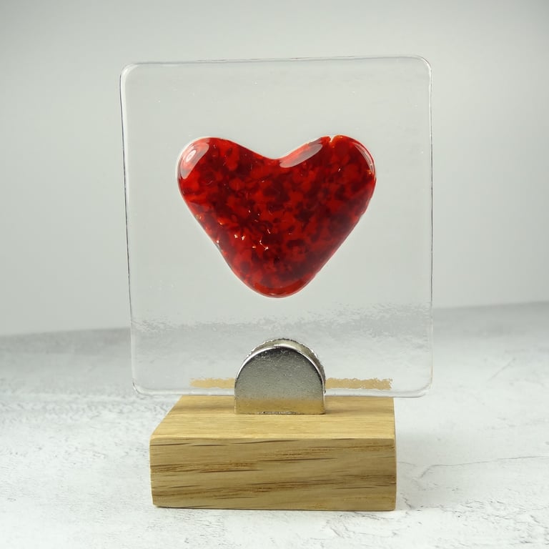 Handcrafted red heart fused glass picture in an oak stand – Unique gift