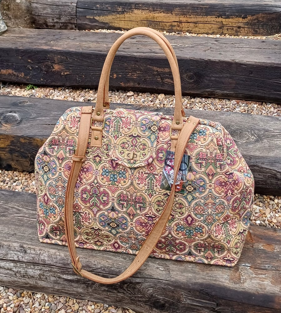  Mary Poppins style carpet bag Moors tapestry weekend bag with leather handles