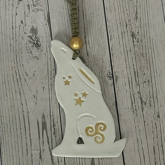 Celtic Moon Clay Hare Wall Hanging with Moon Gazing Hare Design