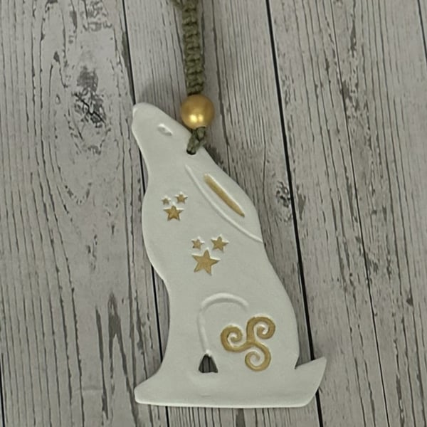 Celtic Moon Clay Hare Wall Hanging with Moon Gazing Hare Design