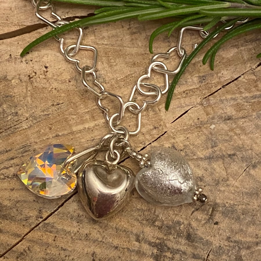 Sale Three Hearts, Much Love Necklace. Swarovski Crystal, Venetian glass, Silver