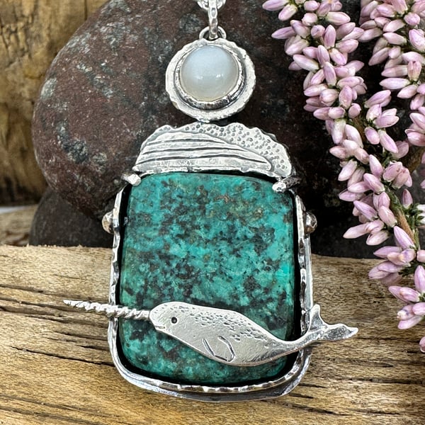 Narwhal Pendant with African Turquoise and White Moonstone