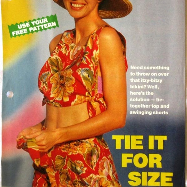 A multi-size sewing pattern for a woman's tie top and shorts in 3 sizes