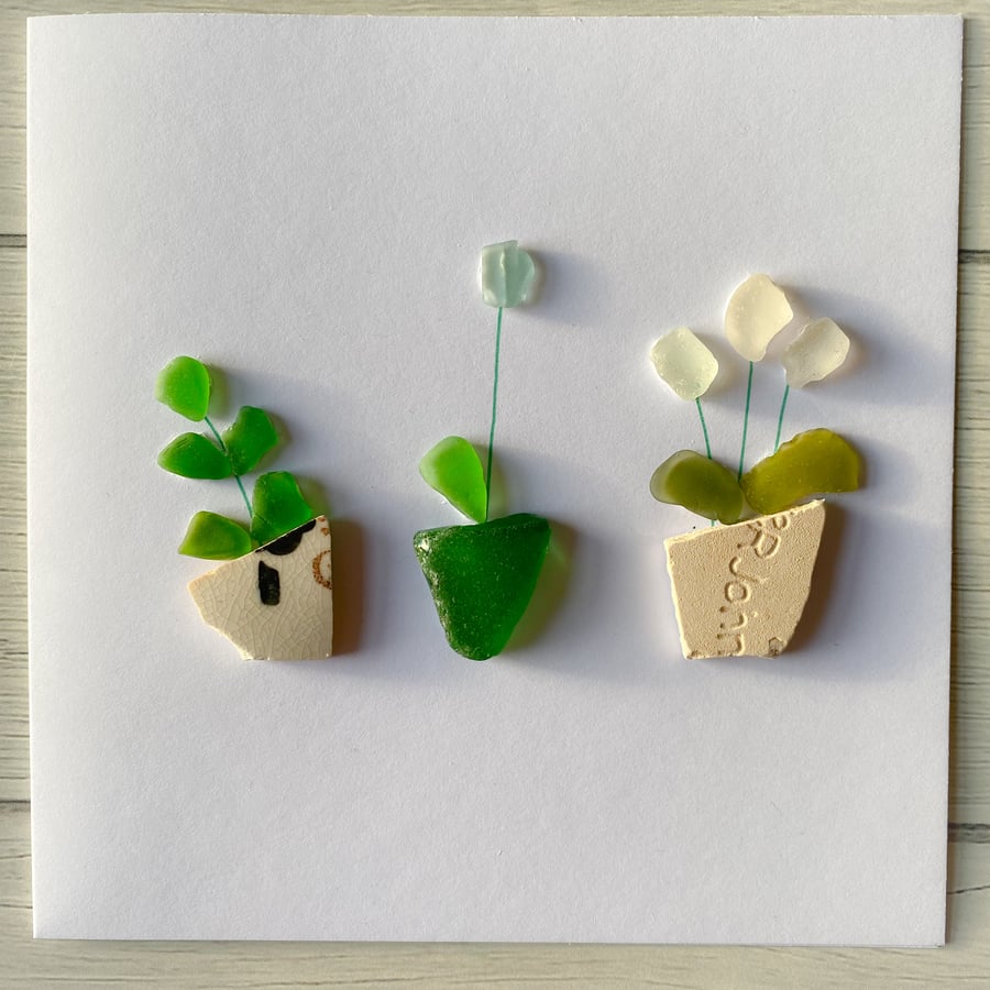 Cornwall sea glass plant pot design greeting card 
