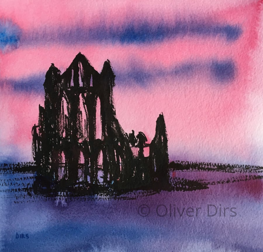 Whitby Abbey under a Red Sky – original watercolour and ink painting, unframed