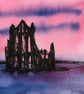 Whitby Abbey Under a Red Sky – original watercolour and ink painting, unframed - Image 1