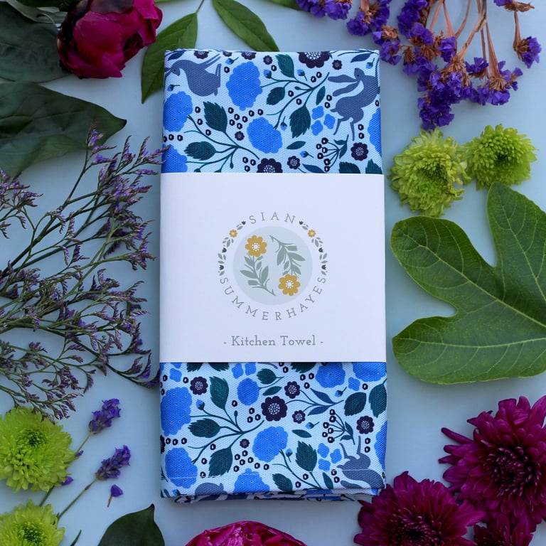 Hares & Hydrangeas Tea Towel - Colourful Cotton Kitchen Towel - British Wildlife