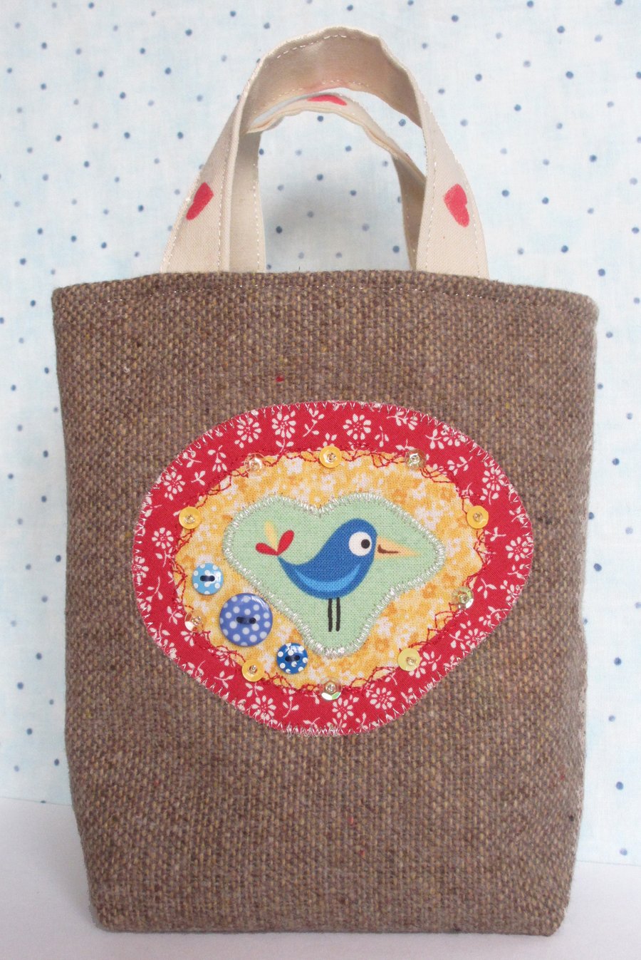 Pretty Handmade Bird Gift Bag. Gardening Gift. Fabric Storage. Rustic Decor.