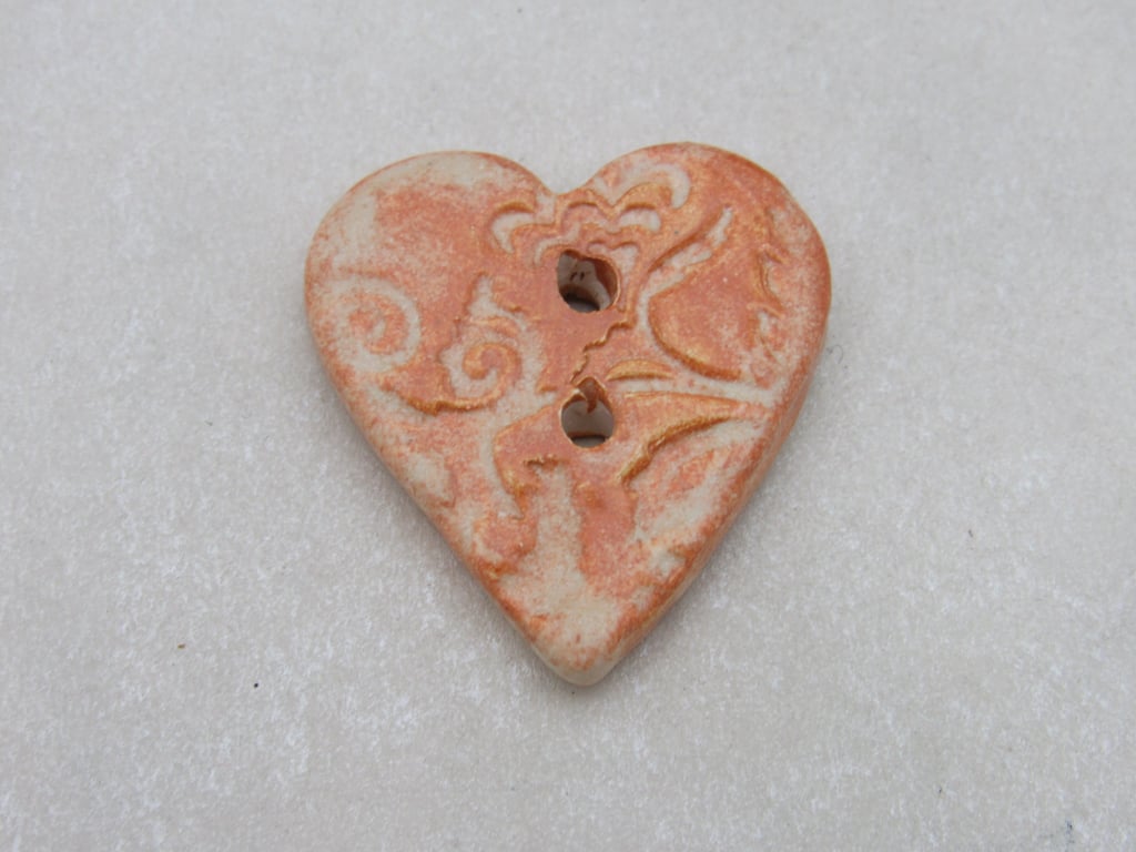 Medium Terracotta Glazed Brocade Texture Heart Shaped Ceramic Button