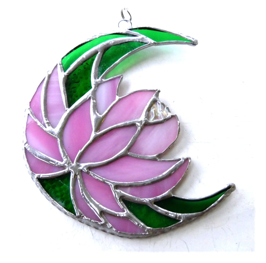 Lotus Moon Stained Glass Pink Flower Suncatcher 