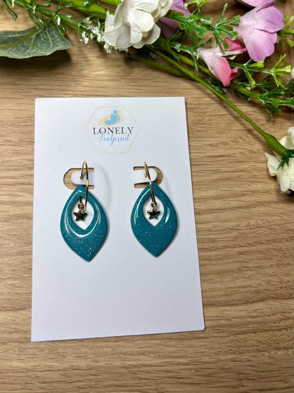 Teal and Star Charm Polymer Clay Earrings - Handmade Jewellery 