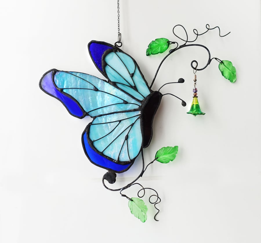 Stained Glass Blue Butterfly Suncatcher Window Ornament Unique Gift