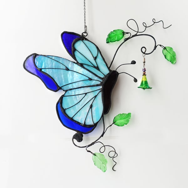 Stained Glass Blue Butterfly Suncatcher Window Ornament Unique Gift