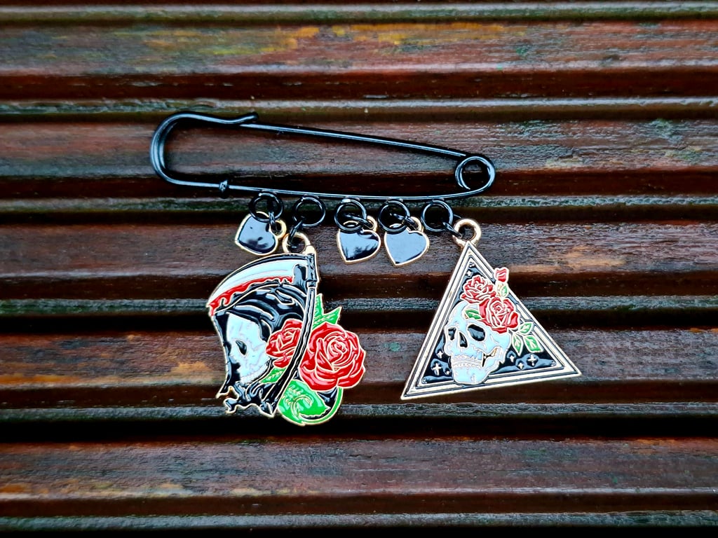 Safety Pin Brooch Badge black charms alternative emo grim reaper scythe horror
